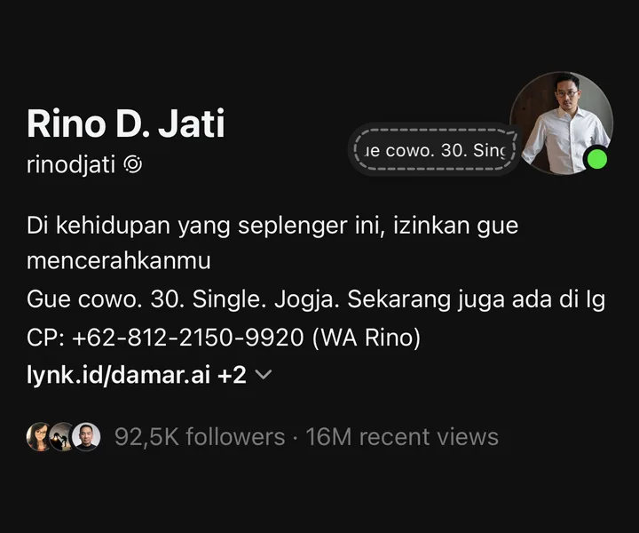 Profil Threads Rino D. Jati: 92,5K followers, 16M recent views