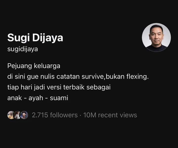 Profil Threads Sugi Dijaya: 2.715 followers, 10M recent views